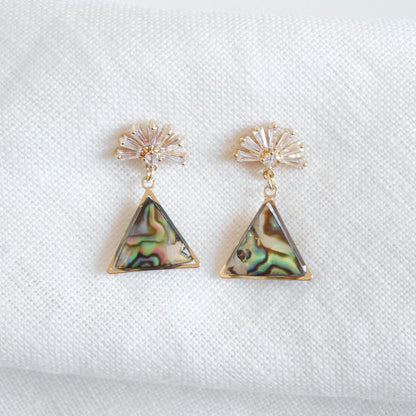 Art deco triangle earrings | Metallic shell drop earrings | Dainty deco fan wedding jewelry | Unique CZ stud earrings with smoky real shells