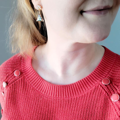 Art deco triangle earrings | Metallic shell drop earrings | Dainty deco fan wedding jewelry | Unique CZ stud earrings with smoky real shells