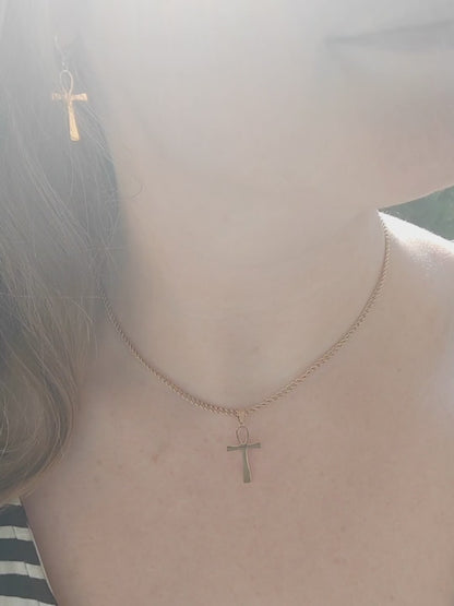 Ankh earrings - Egyptian symbol jewelry, gold charm huggie hoop gift for her