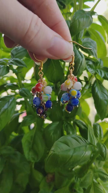 Millefiori dangle earrings | Colorful cascade earrings with multicolor floral glass beads | Eye-catching flower beaded statement earrings